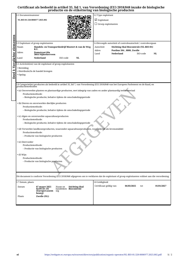 Origineel SKAL Bio-certificaat van Mostert & van de Weg
