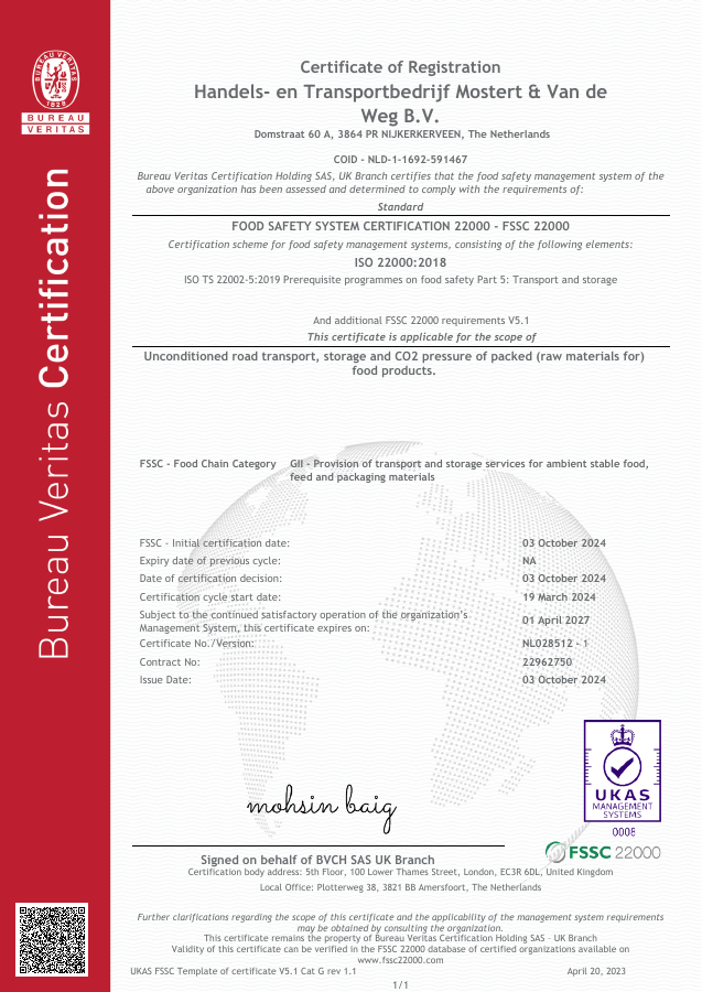 Origineel FSSC 22000-certificaat van Mostert & van de Weg