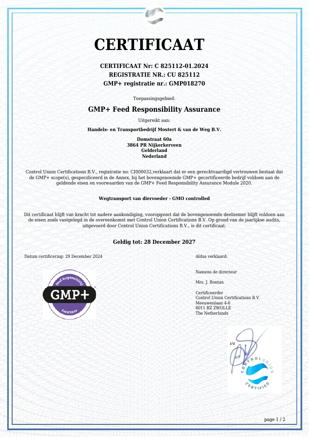 Origineel GMP+-certificaat van Mostert & van de Weg